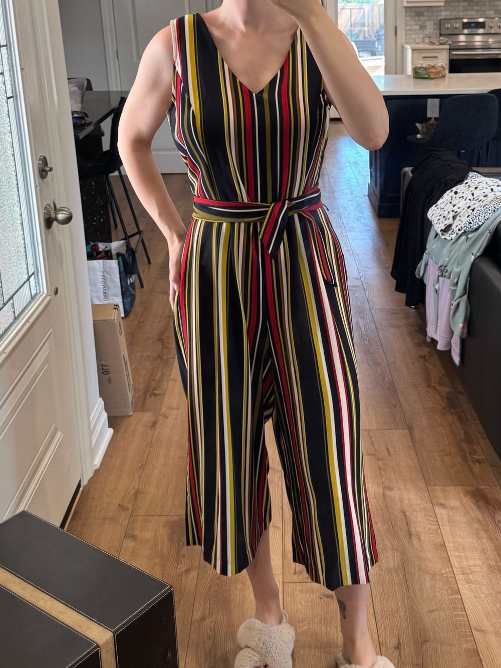 Emma & Michele Striped V-Neck Wide-Leg belted Jumpsuit